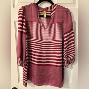 Bee Stitched Chic Striped V-Neck Blouse - Crimson Red and White Medium